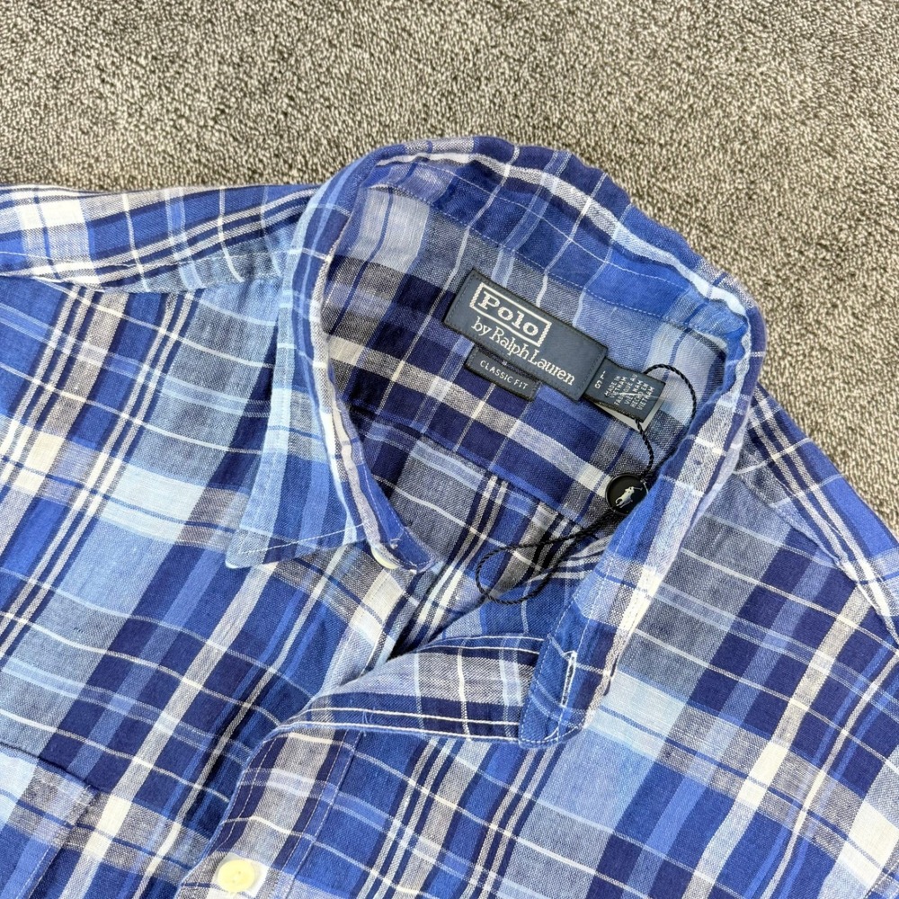 Polo Ralph Lauren Mens Blue Plaid Linen Short Sleeve Popover Shirt Classic Fit L